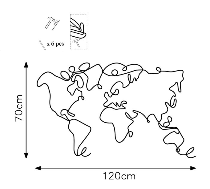 Wallity World Map Escultura de Pared de Metal Negra
